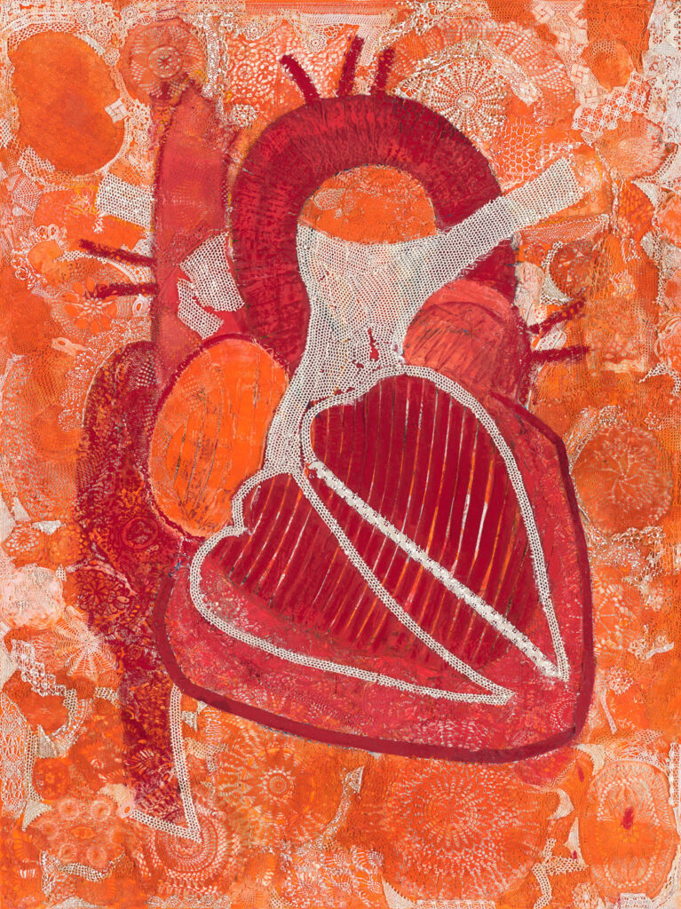 Heart - Textile-Painting on canvas, lace and curtain, 200 x 150 cm, 2021
